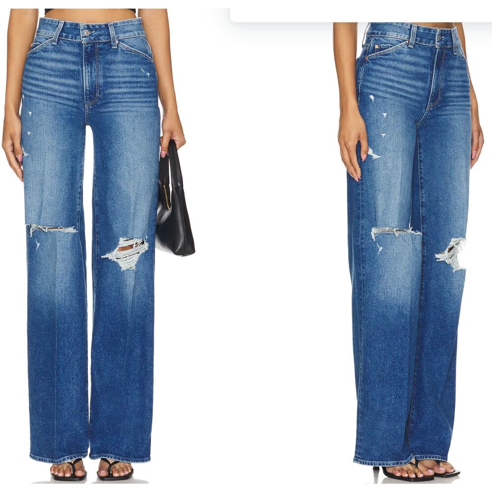PAIGE Sasha Wide Leg Jeans Women 24 Blue Excellent Zahara Destructed DNML53
